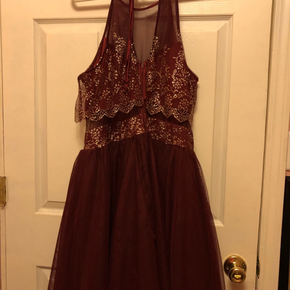 Dillard’s formal red and gold dress